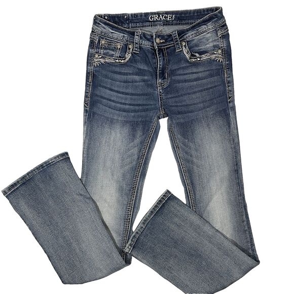 Grace in LA Easy Fit Bootcut Jeans 27 EB-61332 Western Y2k McBling Mid Rise Blue - Picture 2 of 9